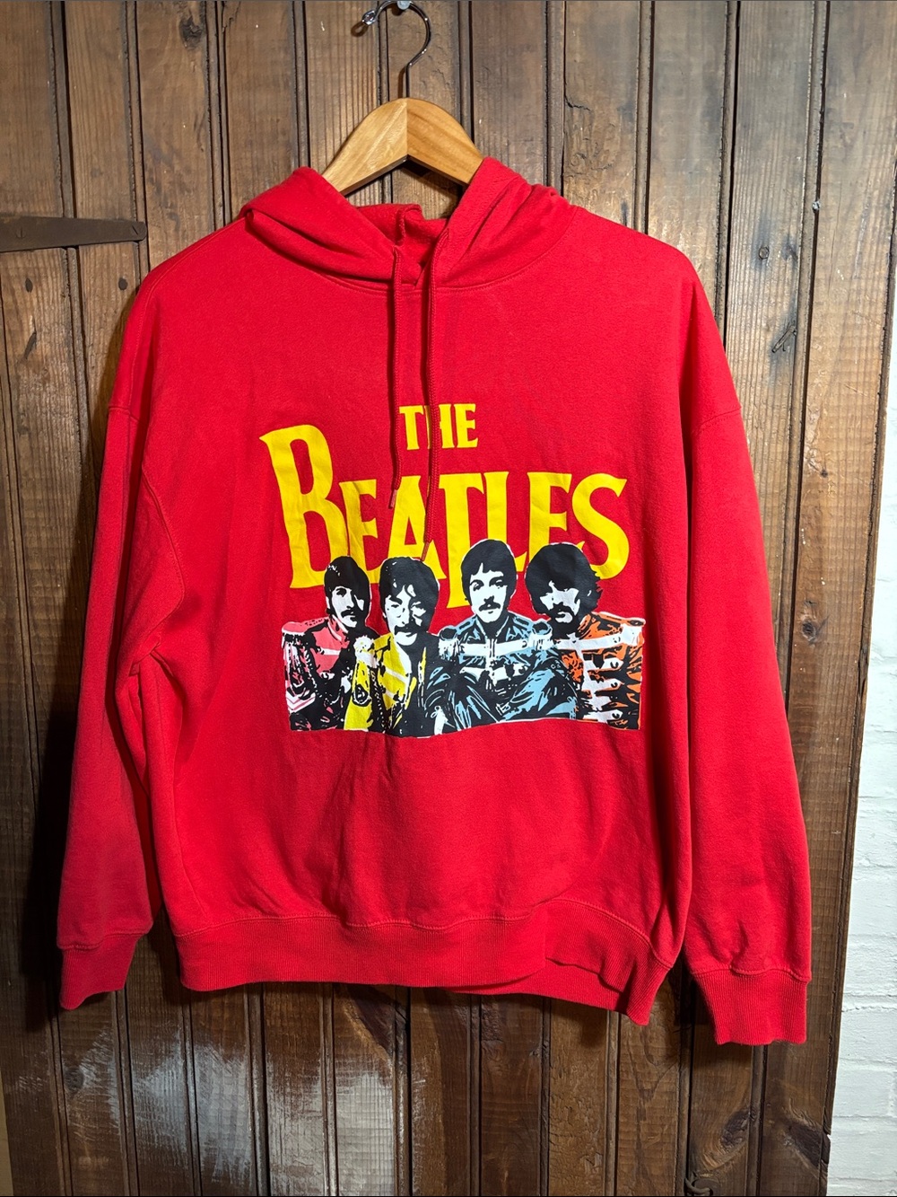 The Beatles Red Sweatshirt with Yellow Logo and Multicolor Portrait